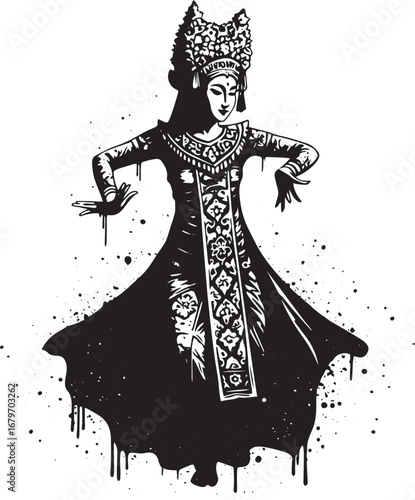 Stylized monochrome illustration of a traditional Balinese dance