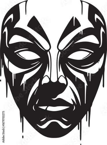 Abstract monochrome mask design featuring dripping paint effect