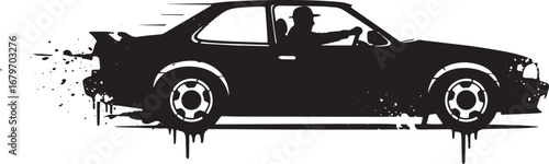 Monochrome illustration of a classic car driven by a person with