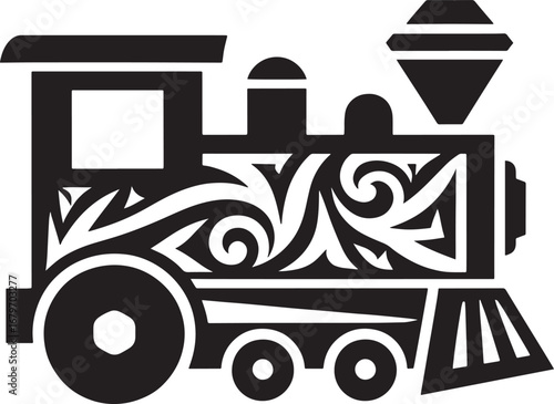 Elegant Black and White Vector Illustration of a Decorative Steam Train Engine