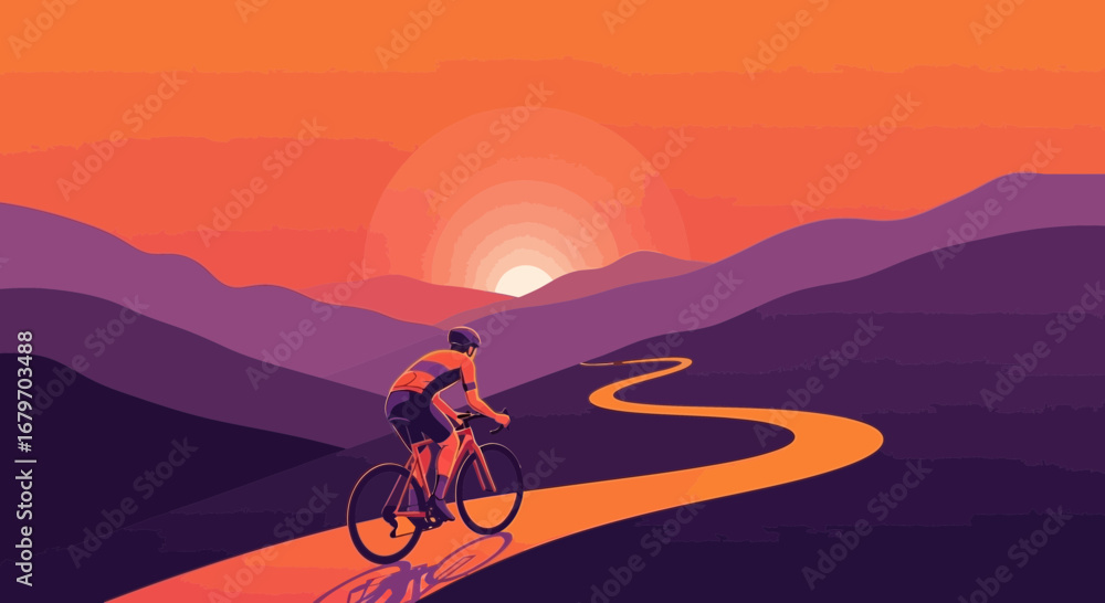 Obraz premium Cyclist riding on a winding road towards sunset with vibrant orange and purple colors