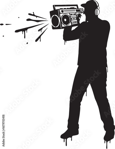 Silhouette of a man blasting music from a boombox with splattere