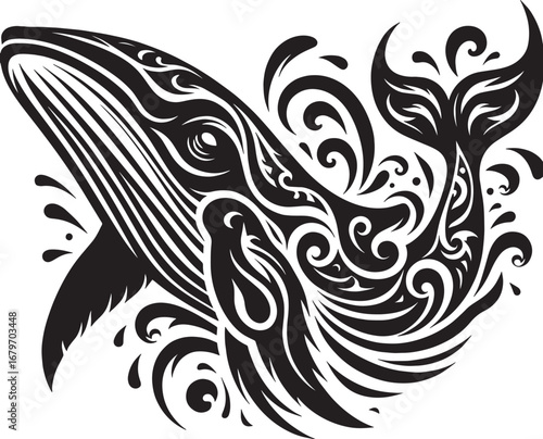 Elegant black and white whale illustration with ornamental design against a white backdrop