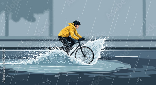 Cyclist riding his bicycle through a flooded road on a rainy day in illustration