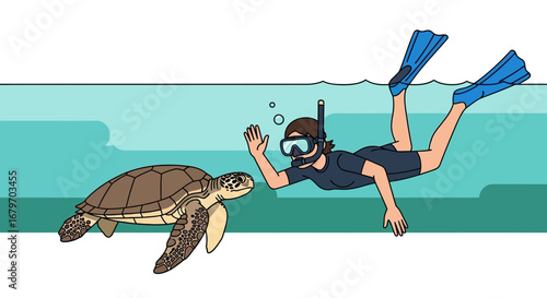 Diver Greeting A Sea Turtle Underwater, Embracing The Ocean and Encountering Nature