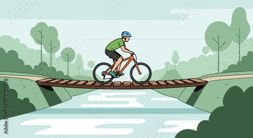 Cyclist riding mountain bike across a wooden bridge over a stream in the park