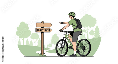 Cyclist Riding Mountain Bike on Forest Path in Nature with Direction Sign