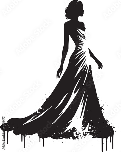 Elegant woman in flowing gown silhouette with artistic grunge te