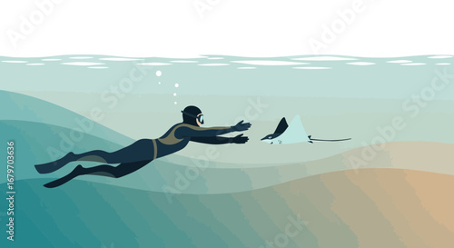 Diver interacting with a ray underwater creating a scene of tranquility and unity