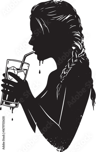 Silhouette of a stylish woman enjoying a refreshing iced beverag