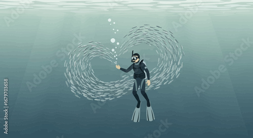 Diver interacting with a school of fish underwater in a serene aquatic environment