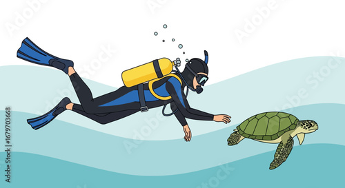 Diver Interacting With A Sea Turtle In A Serene Underwater Marine Environment Scene