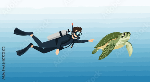 Diver Interacting With a Sea Turtle in the Depths of Ocean Blue Waters