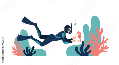 Diver interacting with a seahorse underwater amidst coral and marine plants illustration vector