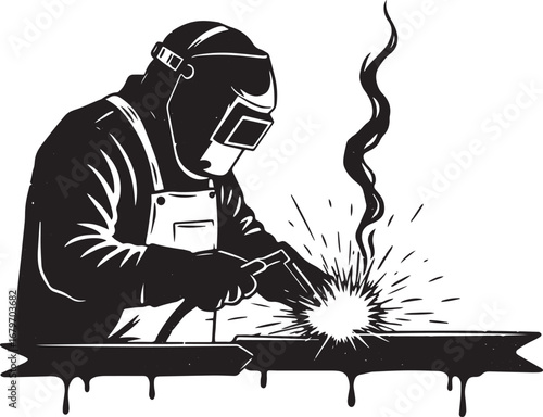 Monochromatic illustration showcasing a welder's silhouette in a