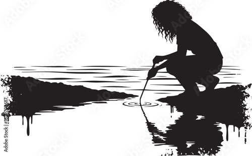 Silhouette of a contemplative woman interacting with the waters