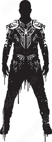 Abstract silhouette of a person with patterned armor and drippin