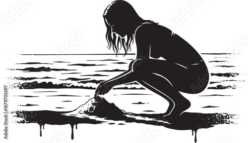 Monochromatic silhouette of a woman interacting with nature by t