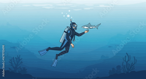 Diver interacting with a shark in the ocean showing underwater sea life environment diving