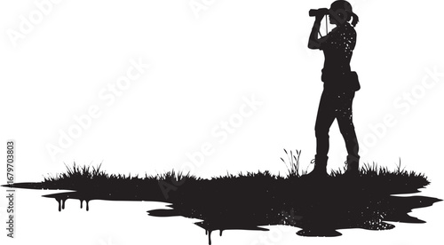 Monochrome Silhouette of a Woman Using Binoculars in a Grassy Fi