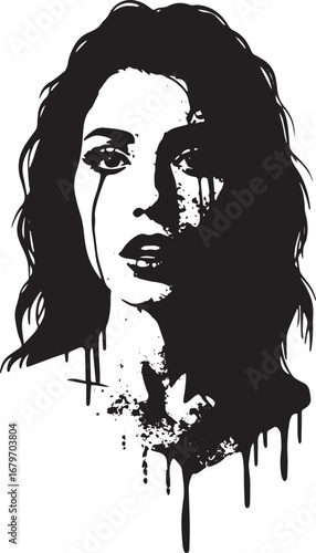 Striking monochrome portrait of a woman with flowing tears and e