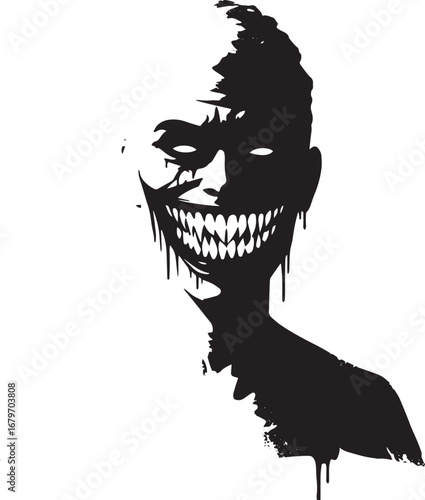 Terrifying monochrome visage with an unsettling smile and menaci