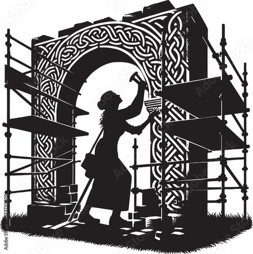 Silhouette of a person constructing an archway using scaffolding, historical architecture