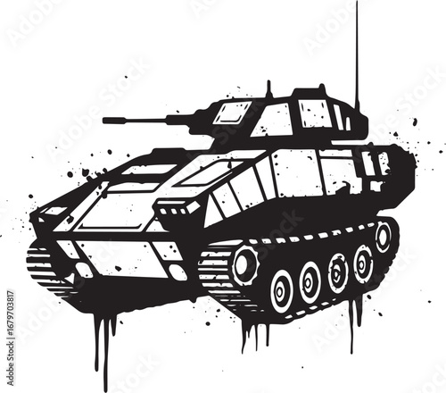 Stylized monochrome illustration showcasing a futuristic combat