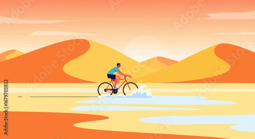 Cyclist's Journey Through Desert Oasis Displaying Endurance And Triumph Against The Odds