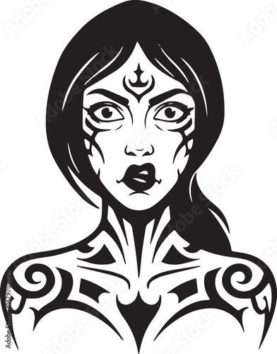 Mystic woman portrait with tribal tattoos and enigmatic facial d