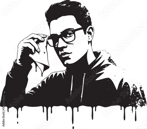 Stylized monochrome portrait of a young man with glasses wiping