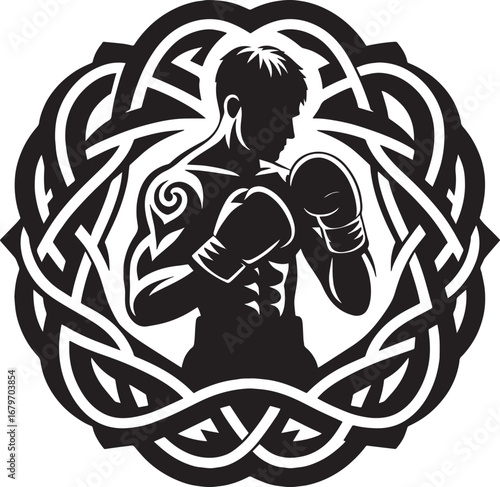Silhouette of a Boxer with Tattoo and Boxing Gloves Inside Intricate Celtic Design