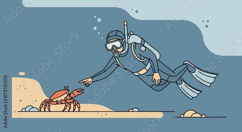 Diver Interacting With Crab Underwater In Minimalistic And Contemporary Style