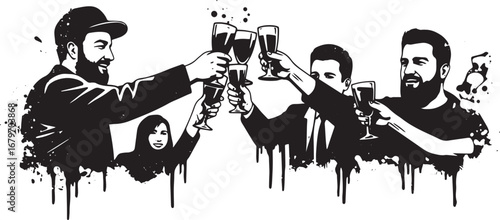 Festive celebration with diverse group toasting with elegant win