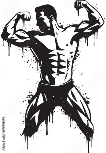 Black and white illustration of muscular man flexing isolated on