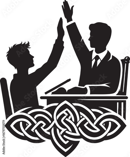 Silhouette illustration of teacher and student giving high five with celtic knot design below