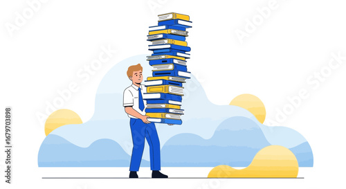 Dedicated Office Worker Carrying Towering Books, Symbolizing Overwork And Education Goals