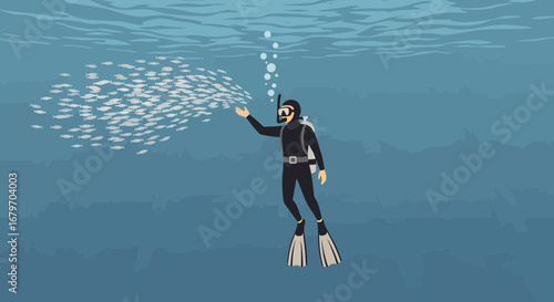 Diver Interacting with Fish Underwater in a Peaceful and Illustrative Scene