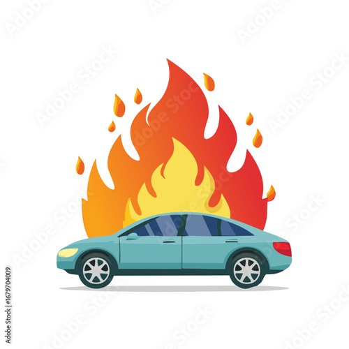 Burnt Vehicle in Flames Cartoon Style Auto on Fire Insurance Claim Flat Design Car Accident