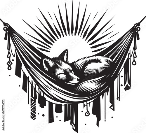 A serene black and white illustration of a fox sleeping peacefully in a hammock with sunburst