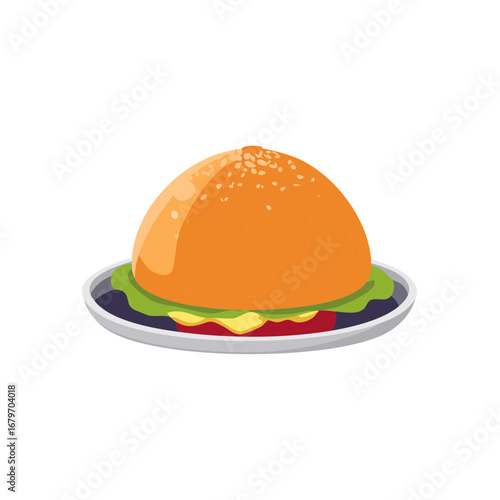 Illustration of a Delicious Hamburger on a Plate with Fresh Ingredients and a Sesame Seed Bun for a Tasty Meal