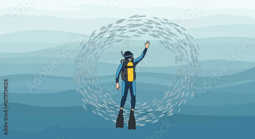 Diver interacting with school of fish underwater ocean exploration concept illustration