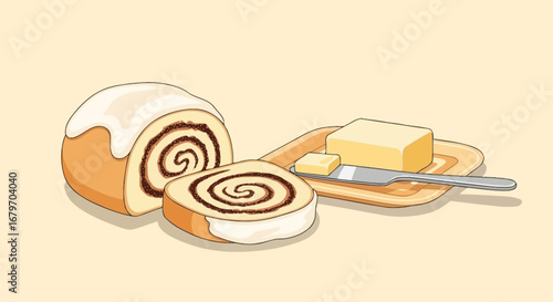 Delectable Cinnamon Roll With Icing And Butter, Perfect For Breakfast or Snack Time