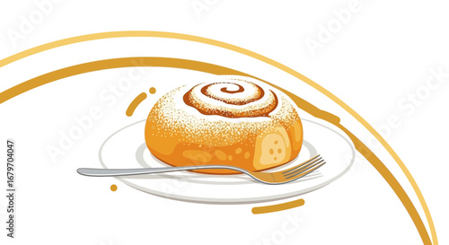 Delectable Cinnamon Roll on a Plate and Fork with Artistic Gold Elements Perfectly Placed