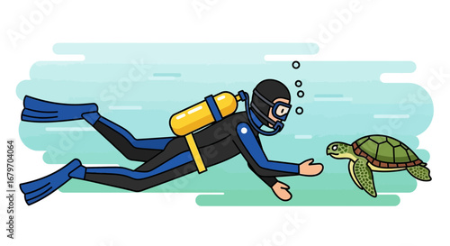 Diver Interacting With Sea Turtle In An Underwater Habitat Illustration