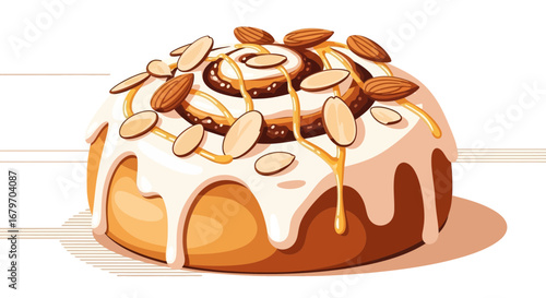 Delectable Cinnamon Roll Illustration, Decorated With Almonds and Drizzled Caramel Glaze