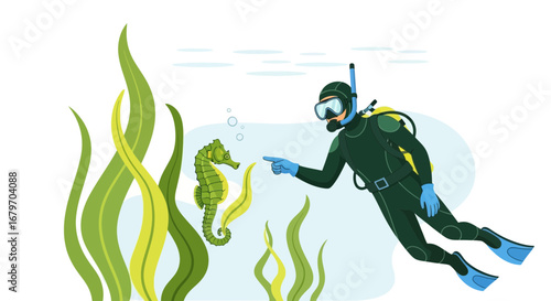 Diver Interacting With Seahorse Underwater Amongst Seaweed, Illustration Concept Design
