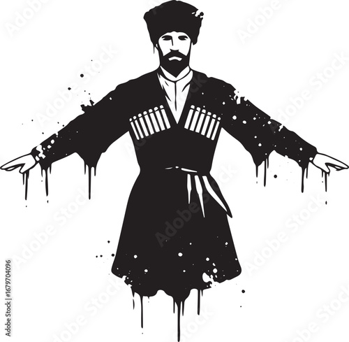 Monochromatic depiction of a man in traditional Georgian attire