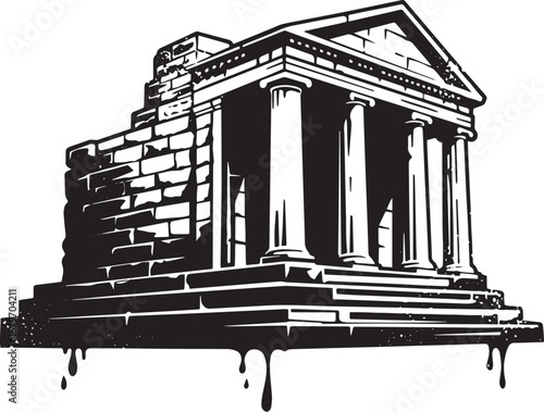 Monochrome illustration of deteriorating ancient temple with dri