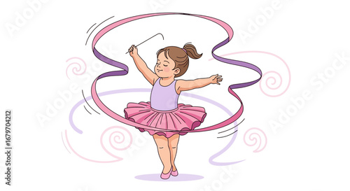 Delicate Young Gymnast Performs With Graceful Movements Using a Colorful Ribbon